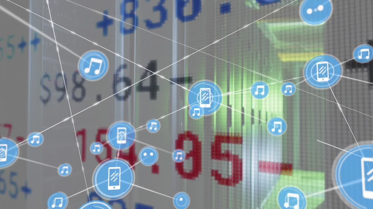 Animation of connected icons over trading board against server room in background