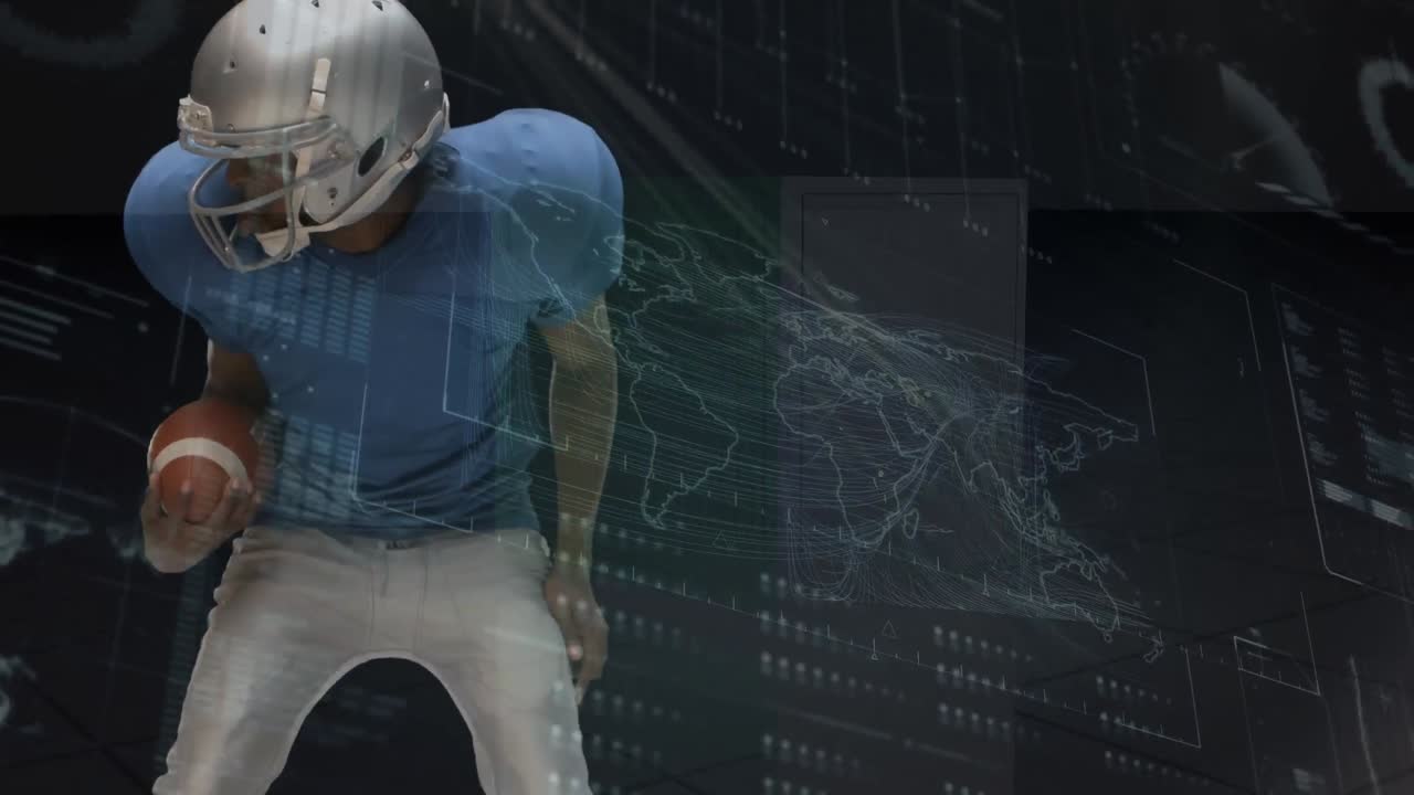 Animazione di elaborazione di dati digitali sovrapposta a giocatori di football americano maschi caucasici