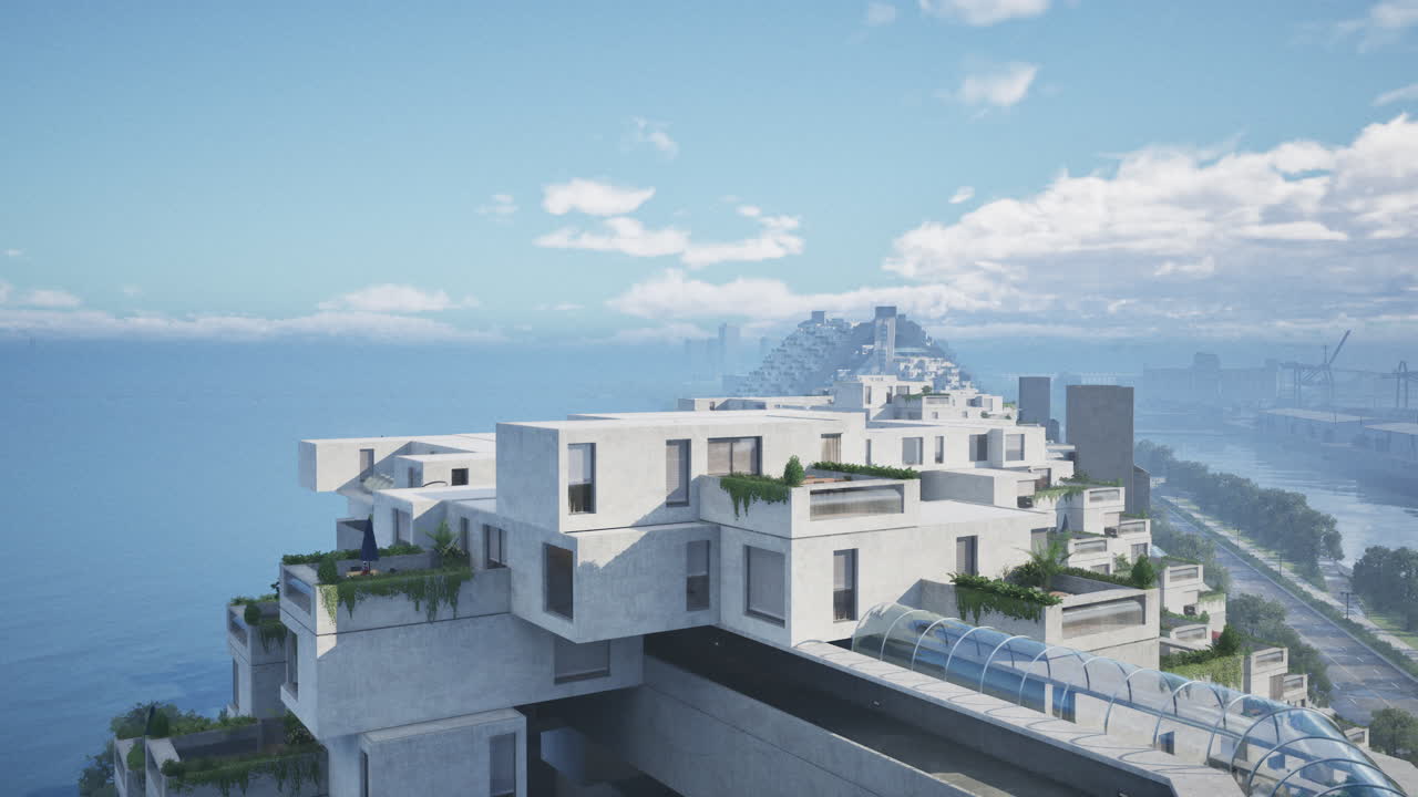 edificio di architettura moderna con vista sul cielo e sull'acqua