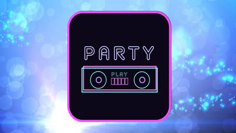 animation of party text over spots of lights on blue background