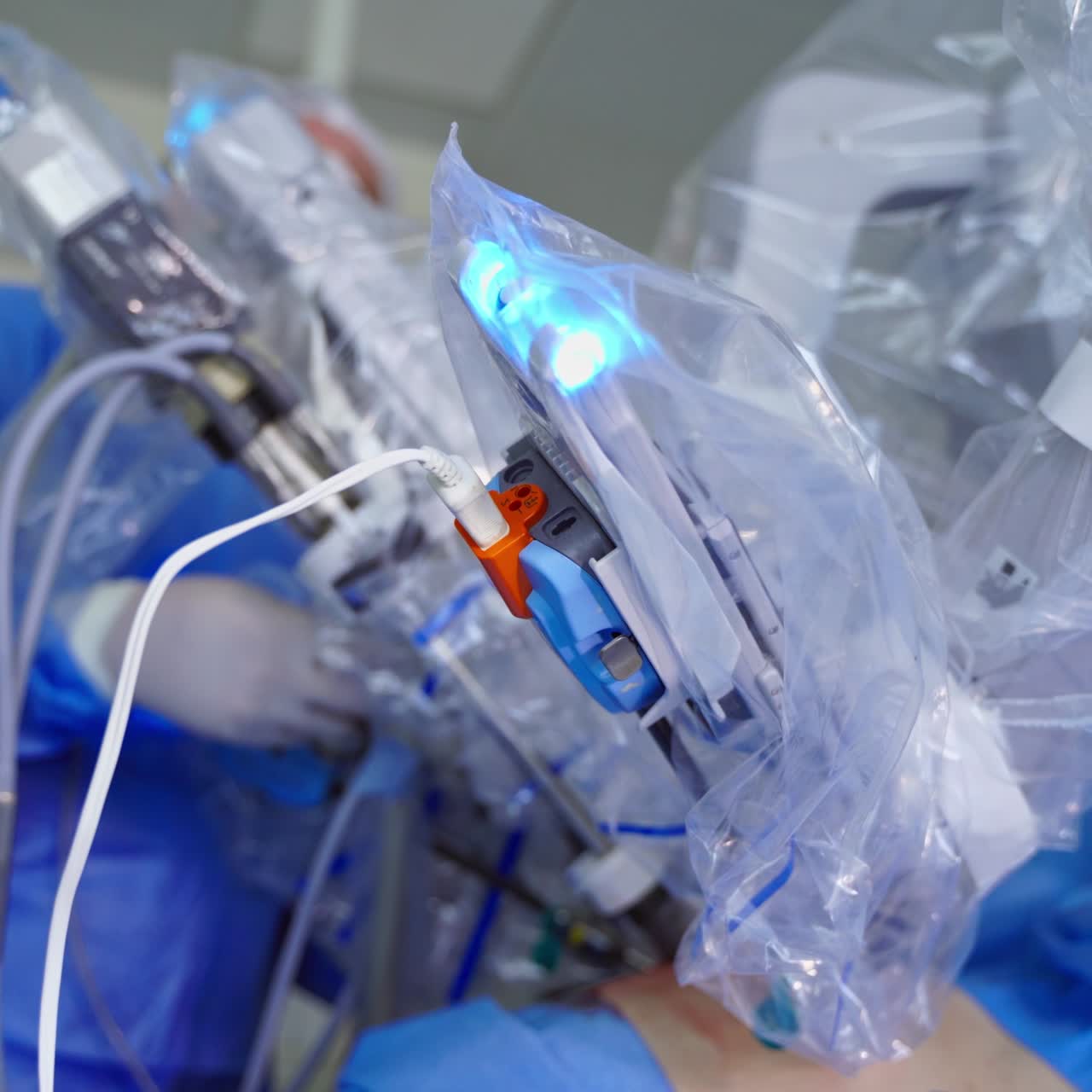Robotic arms of a medical equipment during surgery. Automated robotic system in modern clinic. Close-up. New technology in medicine