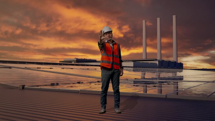 Full Body Of Asian Male Engineer With Safety Helmet Disapproving With No Hand Sign While Standing, Inspecting Solar Panels on Rooftop at Sunset