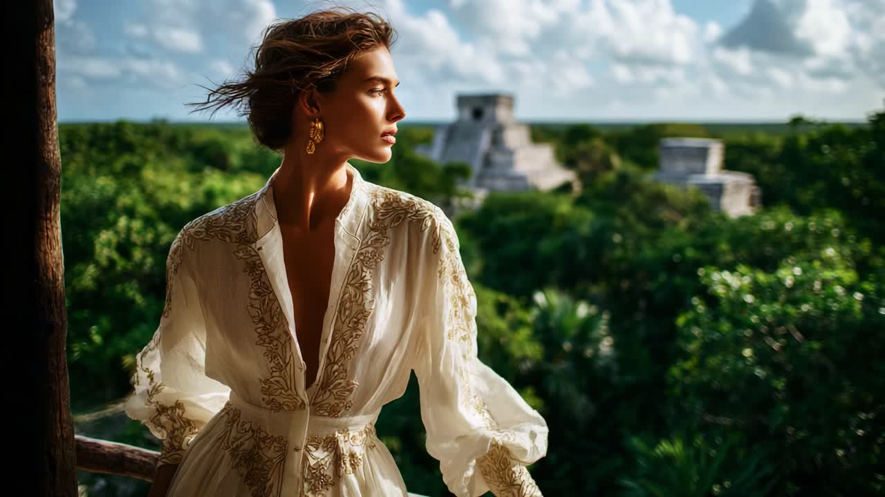 Ethereal Portrait of a Stylish Woman in a Flowing Dress Against a Lush Green Landscape, Capturing the Essence of Nature and Elegance in a Stunning Outdoor Setting