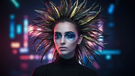 a dazzling display of bold creativity and unique style: a model adorns electrifying hair and makeup that captivates with colorful vibes and futuristic elegance