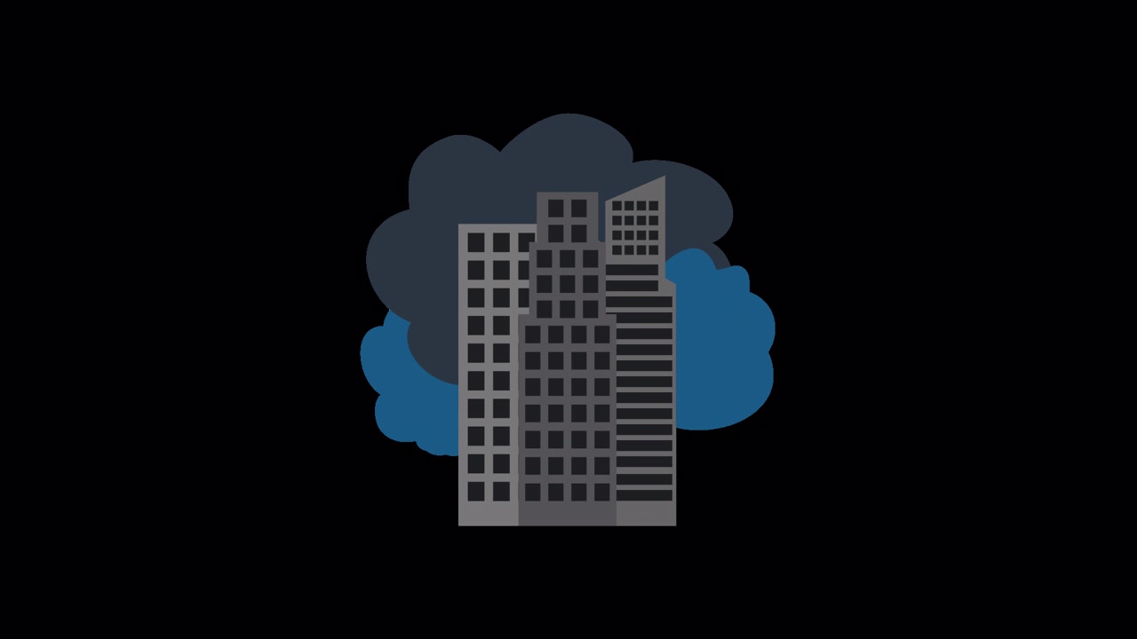 Animazione in flat design di edifici cittadini con smog e inquinamento atmosferico