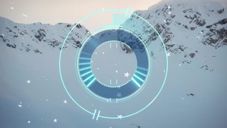 Animation-of-circular-scanner-and-stars-over-snow-covered-mountains