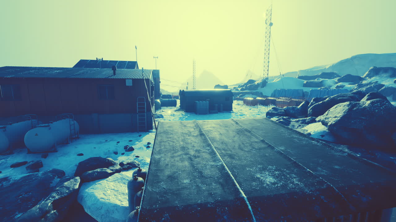 남극 의 극 역 건물 주변 에 눈 이 내리고 있다