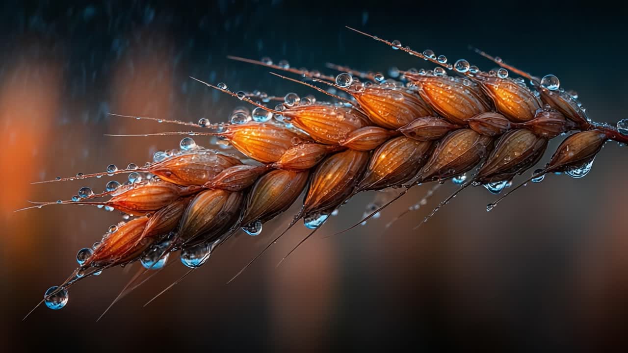 Close-up of a Wheat Grain Cluster with Dewdrops Reflecting Morning Light, Showcasing Nature's Beauty and Hard Work in Agriculture