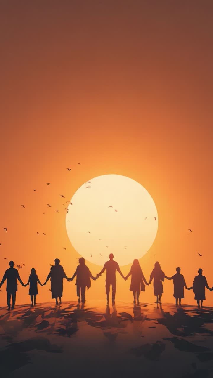 A Group of Silhouetted People Holding Hands Together at Sunset with a Radiant Sun in the Background, Symbolizing Unity and Connection in Nature