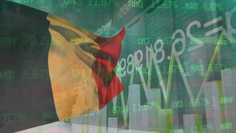 Animation-of-financial-data-and-graphs-over-waving-flag-of-belgium