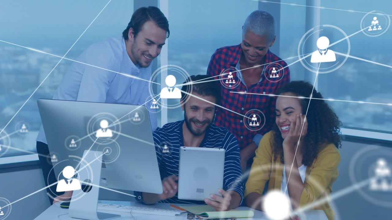 Animation of network of connections with people icons over diverse business people in office