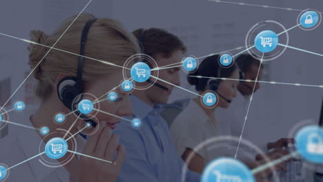 animación de la red de conexión con iconos sobre personas de negocios que usan auriculares de teléfono