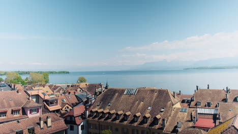 wide shot of the view from nyon castle on lake geneva and the landscape during the day in nyon, canton of vaud, switzerland
