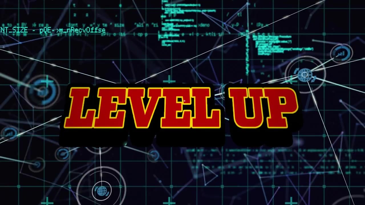 Animation of level up text over connections and data processing