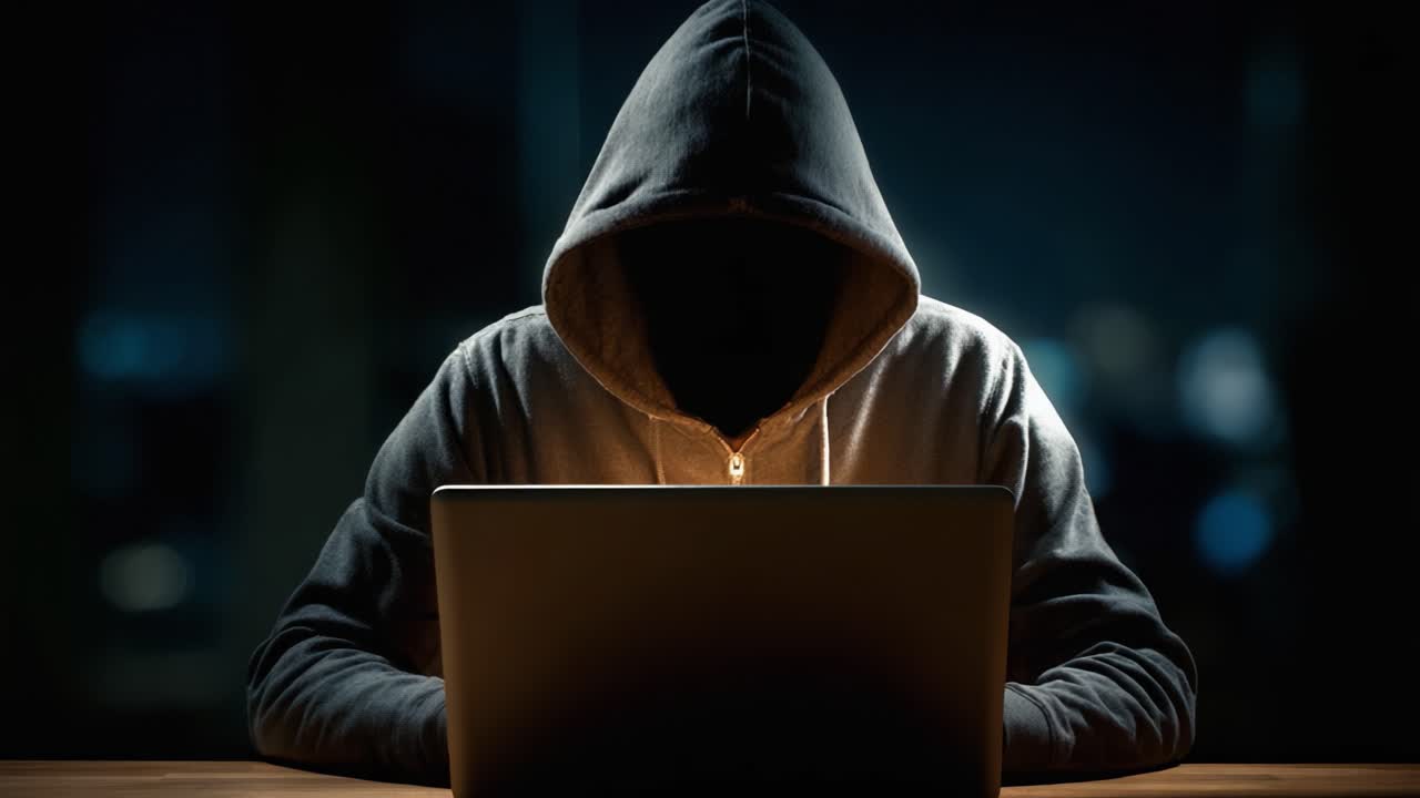 A Mysterious Figure in a Hoodie Engaged in Dark Computer Activities, Shrouded in Shadows and Illuminated by the Laptop's Glare, Reflecting Suspense and Intrigue