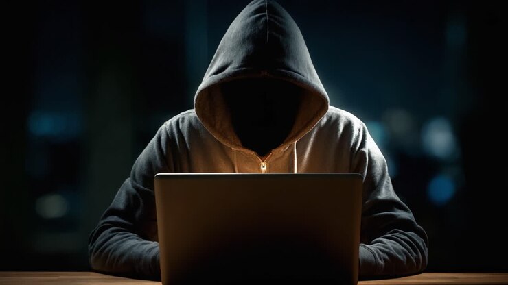 A Mysterious Figure in a Hoodie Engaged in Dark Computer Activities, Shrouded in Shadows and Illuminated by the Laptop's Glare, Reflecting Suspense and Intrigue