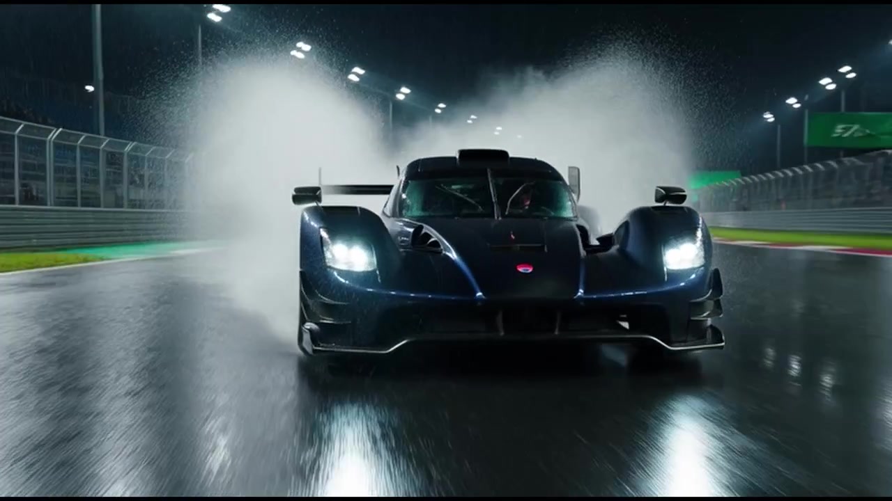 Auto da corsa blu che guida su pista bagnata di notte.