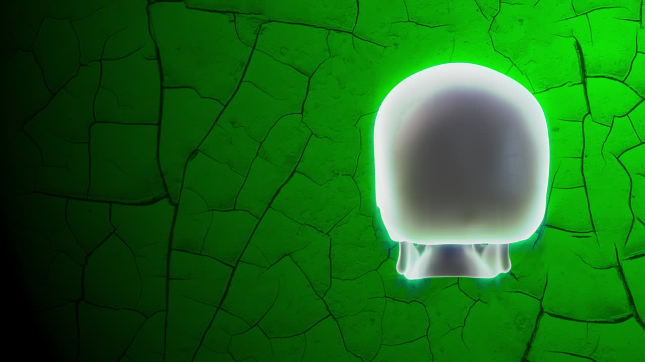 Skull rotating on green background. Halloween celebration themed loop animation