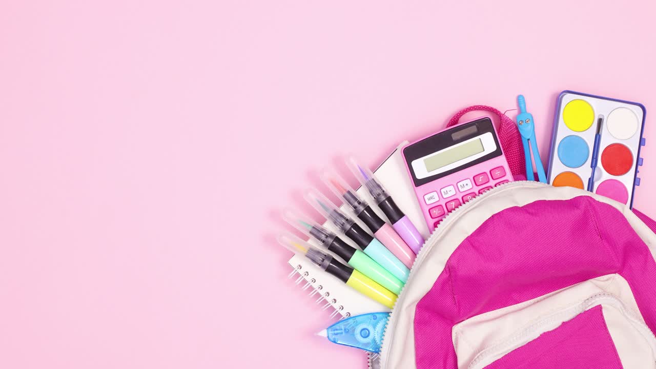 Backpack with school stationery for back to school move on pink theme. Stop motion