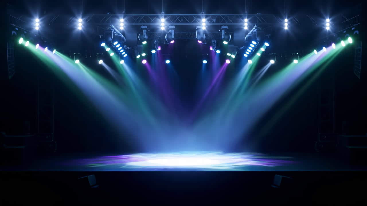 Empty Stage With Blue Spotlights Illuminating Center, Concert Rigging Overhead, Truss And Lighting Fixtures