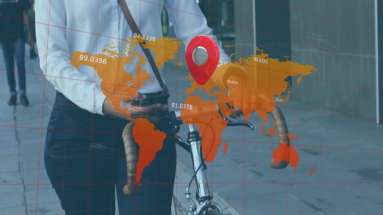 ubicación pin sobre el mapa del mundo contra la sección media de la mujer con bicicleta caminando por la calle