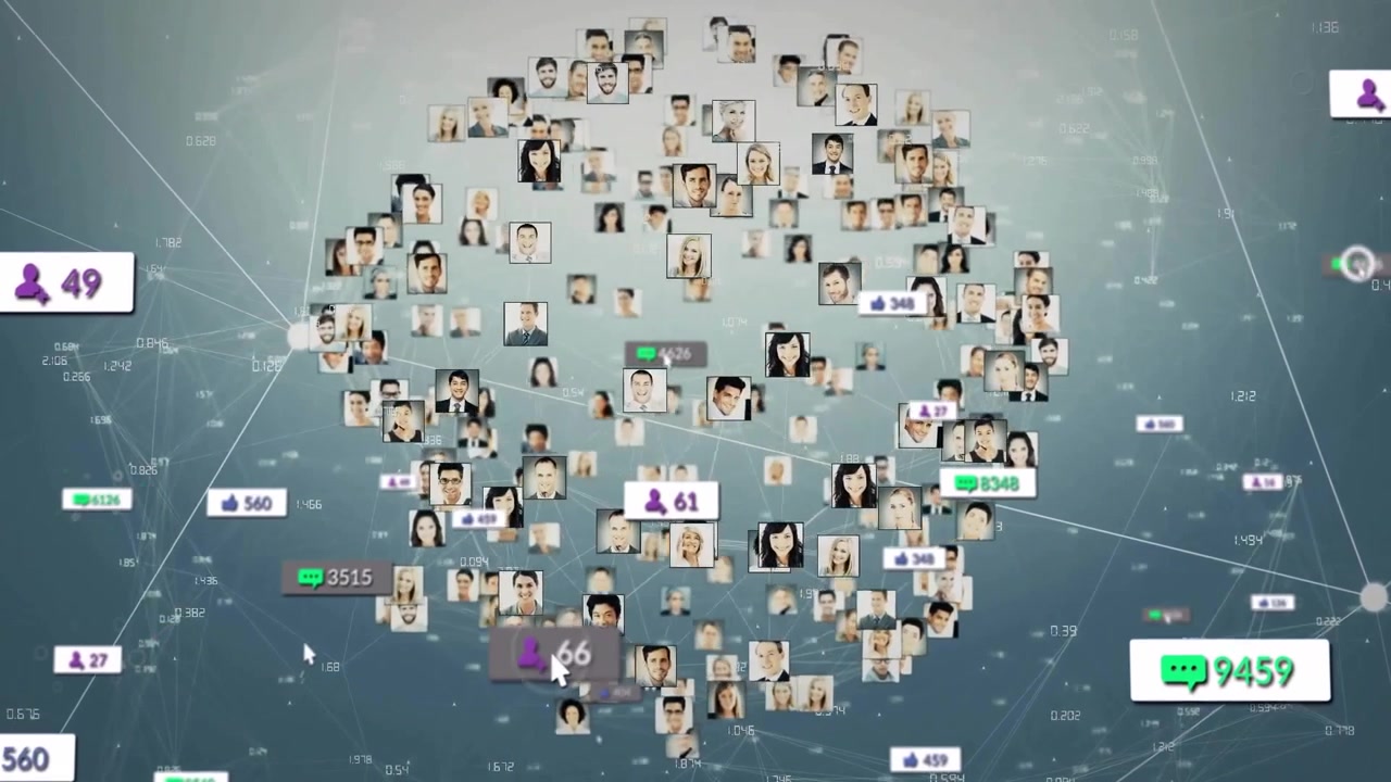 Rete digitale di ritratti di persone con icone di interazione sui social media