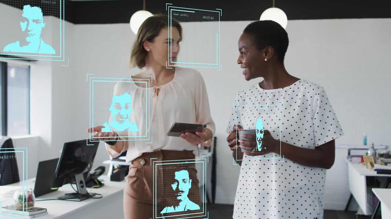 Animation of data processing with people portraits over diverse business people at office