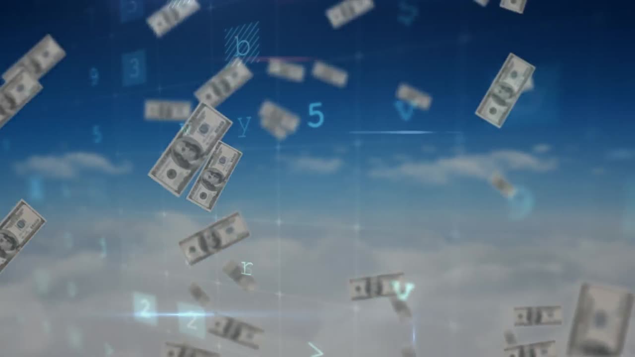 떨어지는 지폐 위에서 움직이는 데이터 처리의 애니메이션