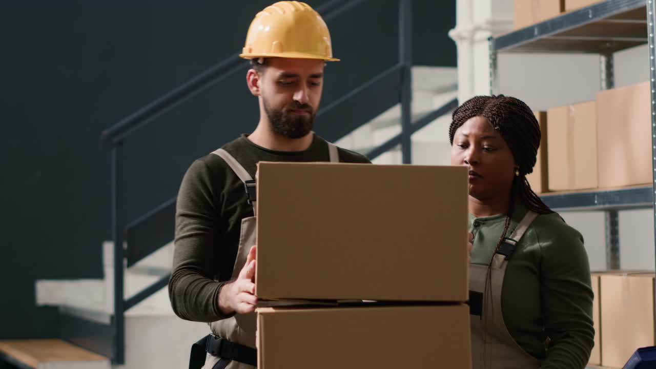 Warehouse workers packaging boxes for delivery