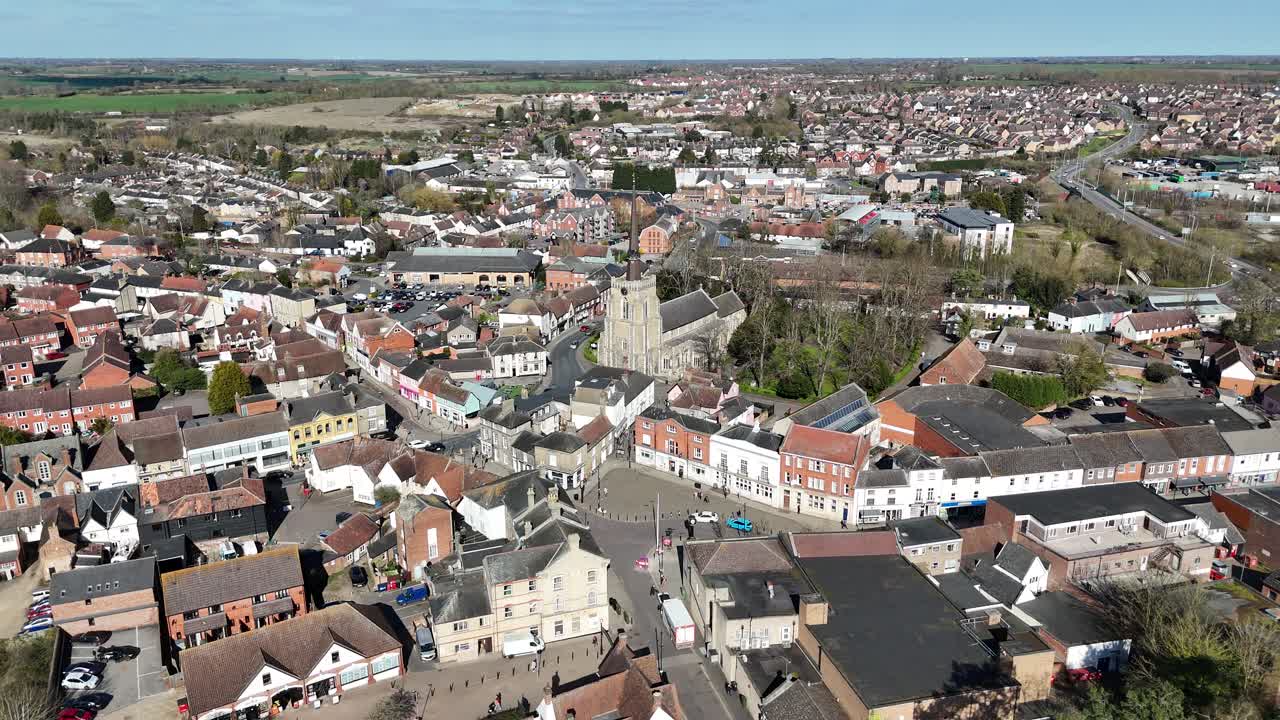 Stowmarket Suffolk UK pull back drone aerial reverse reveal