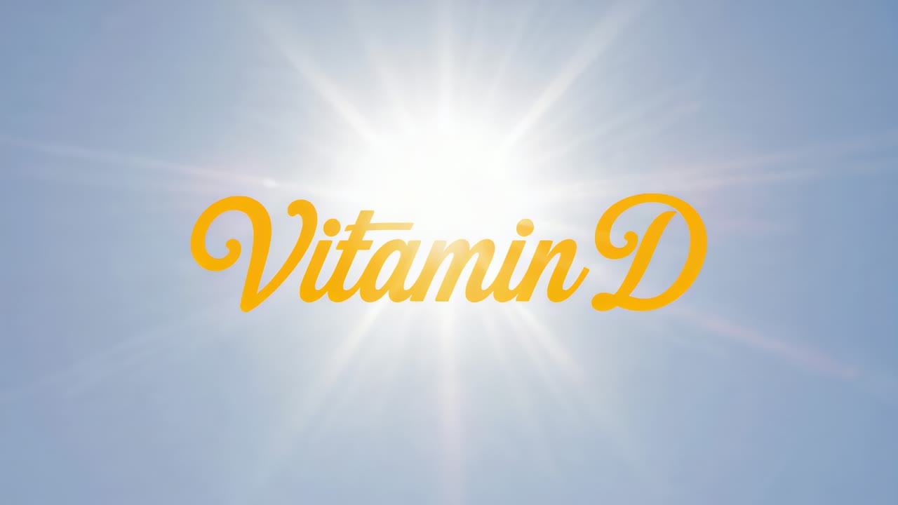 Holding yellow script Vitamin D logo centered, sun shifting flare over blue sky causing glow