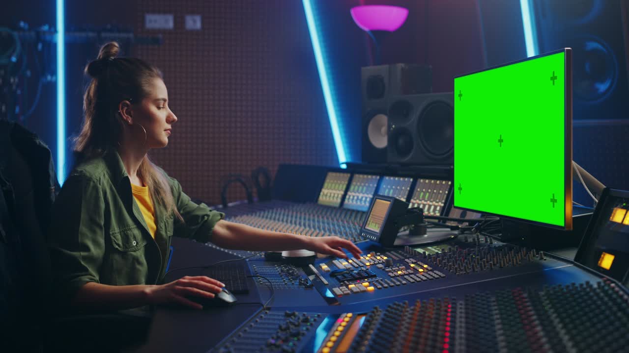 Ritratto di elegante ingegnere del suono / produttrice musicale che lavora in uno studio di registrazione, usa un computer con schermo verde, un mixer e un banco di controllo per creare una nuova canzone. L'artista donna balla mentre è seduta
