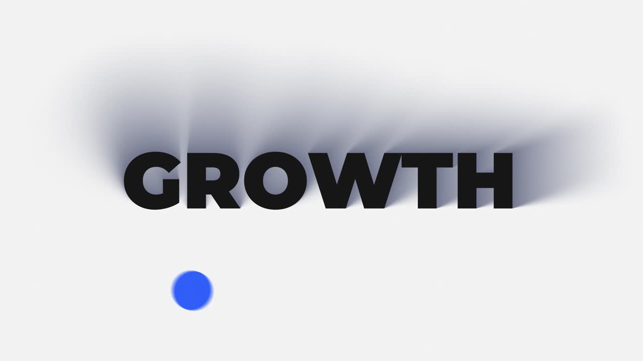 Minimalistisk 4K vertikal animation af ordet GROWTH. Lys professionel baggrund med roterende blåt lys og problemfrit loop til virksomhedsstory.