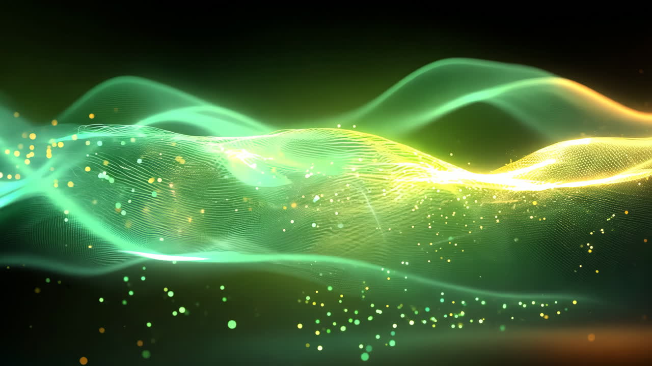 A green and orange wave with a lot of sparkles. The wave is very long and it looks like it is moving