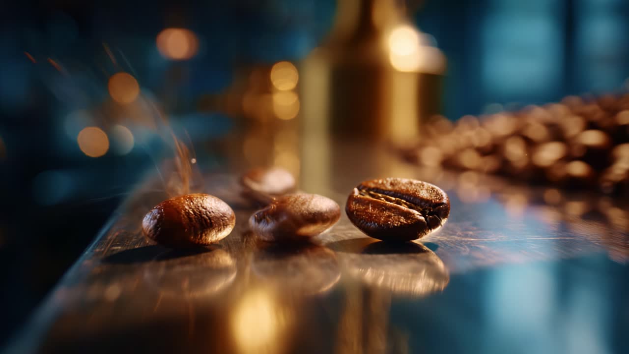 Glistening coffee beans on a reflective surface, capturing the essence of brewing perfection in a rich, aromatic experience full of flavor and warmth