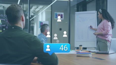animation of social media icons and data processing over diverse business people in office
