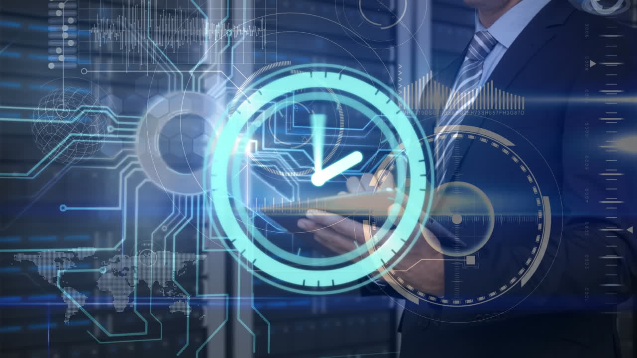 animación del reloj, hombre usando tableta y procesador