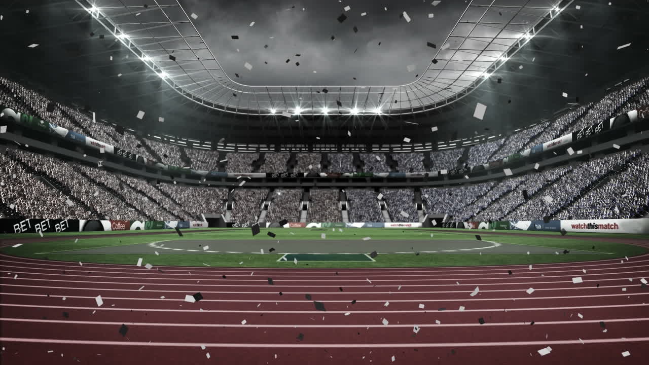 Animazione di coriandoli bianchi e neri che cadono su vista di uno stadio sportivo