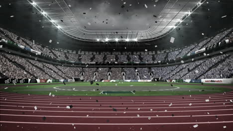 Animation-Von-Schwarz-weißem-Konfetti,-Das-Vor-Der-Kulisse-Eines-Sportstadions-Herabfällt