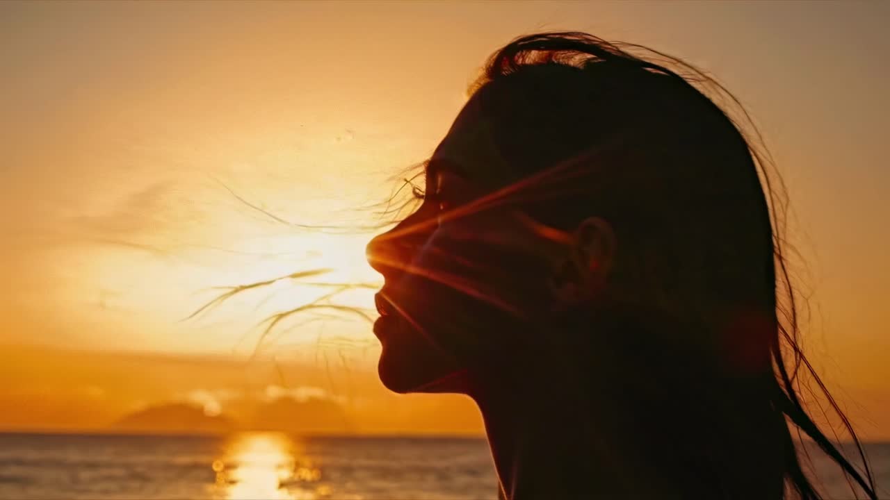 Silhouette of a woman at sunset, side profile, with sun rays creating a dramatic effect