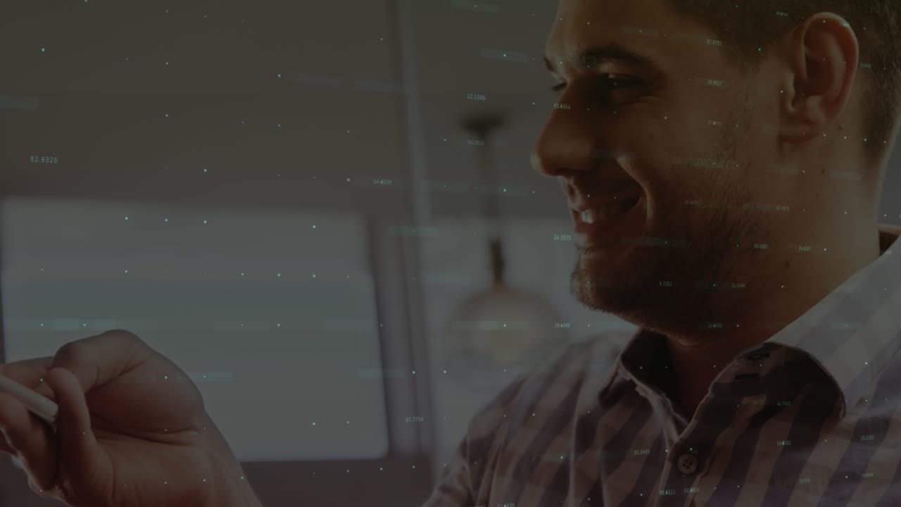 Animation of data processing with graph over diverse people paying with smartphone