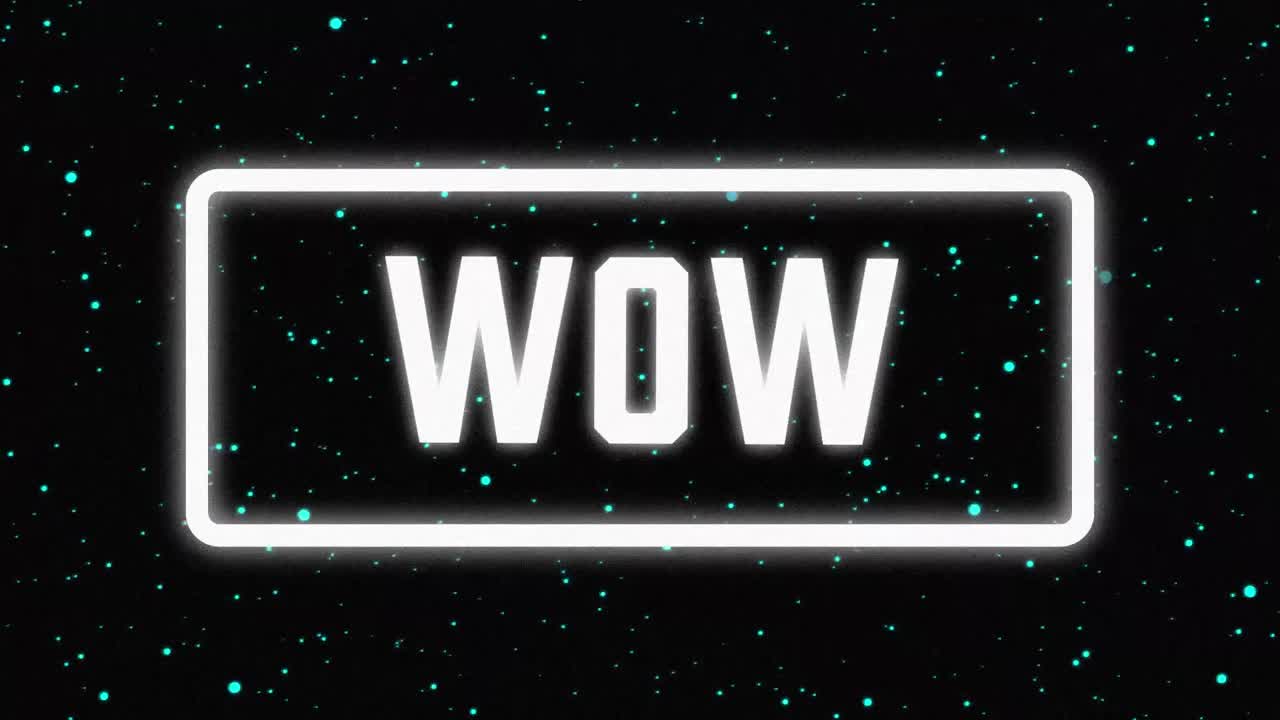 애니메이션 빈티지 비디오 게임 화면에 와우라는 단어가 적혀 있습니다.