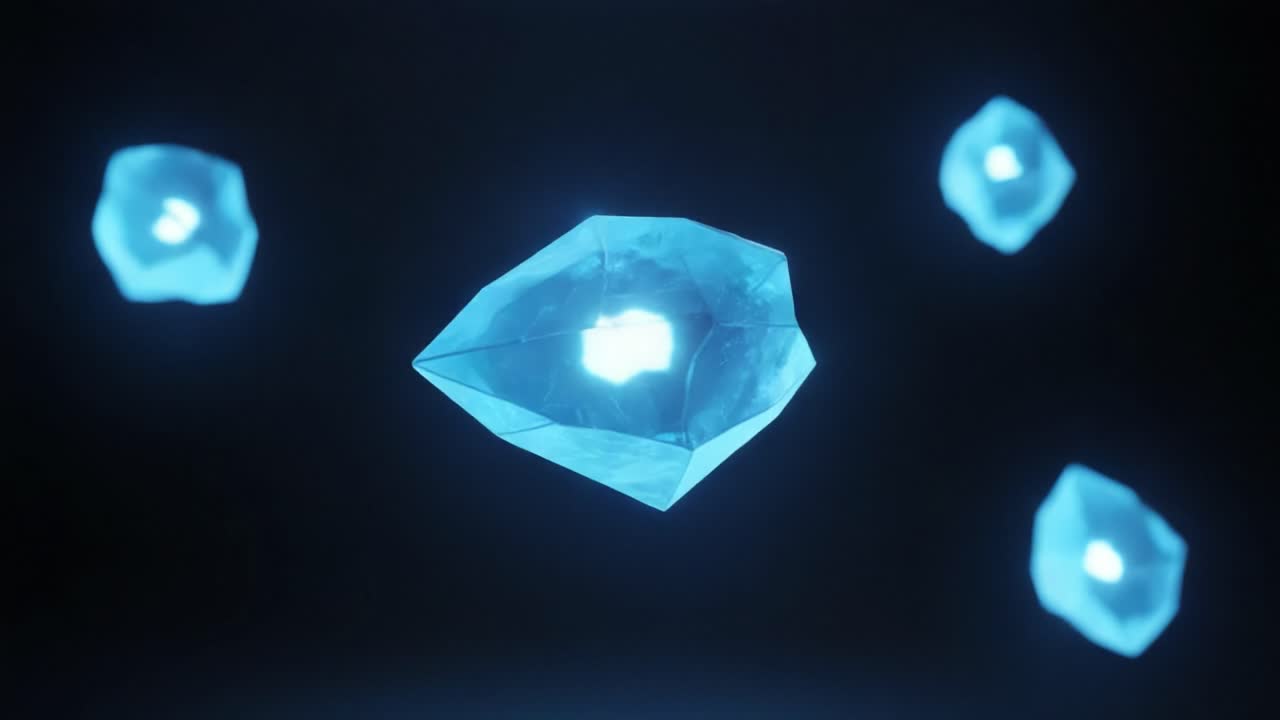 A Stunning Visual Encounter with Floating Crystals Emitting Ethereal Light in a Dark Background, Creating a Mesmerizing Translucent Effect for a Captivating Experience