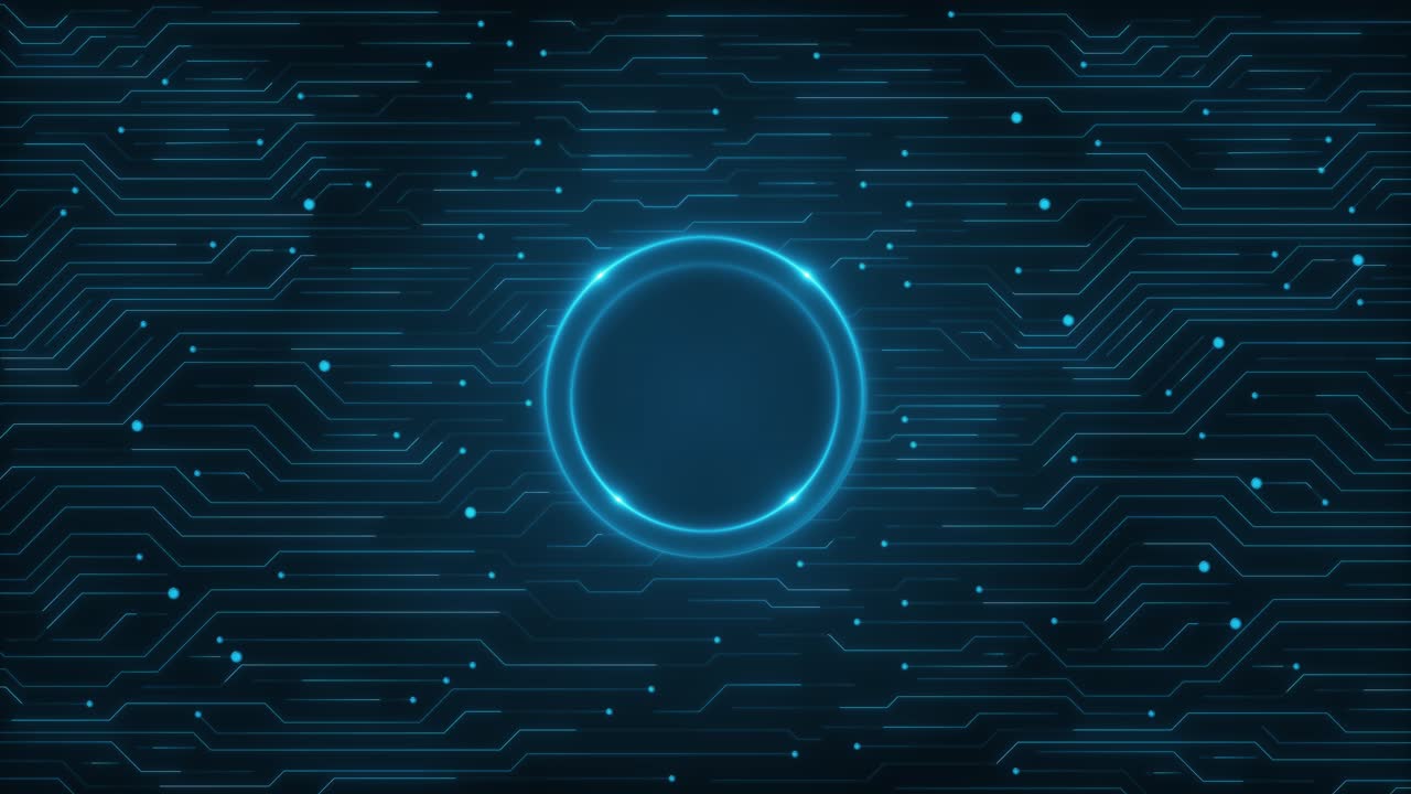Digital animation glowing hud interface symmetrical blue circuit lines technology data flow