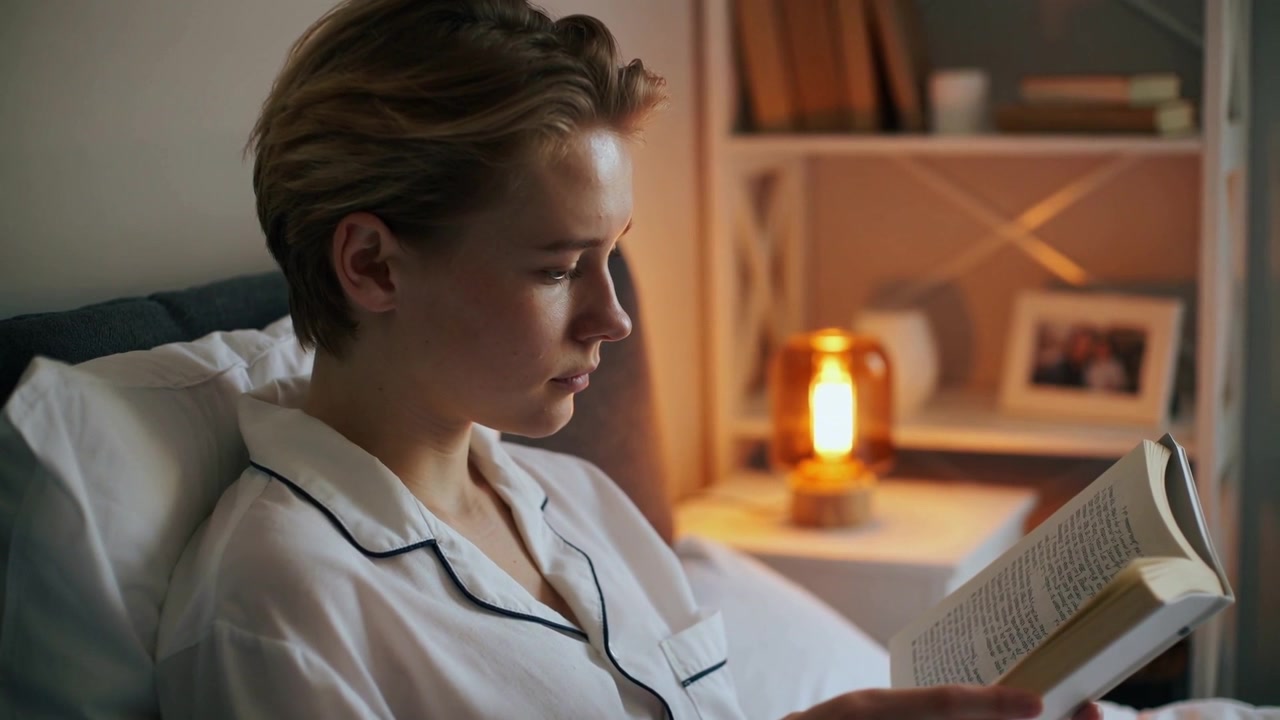 Following text, woman wearing piped pjs in bedroom nook, turning paperback page to read on