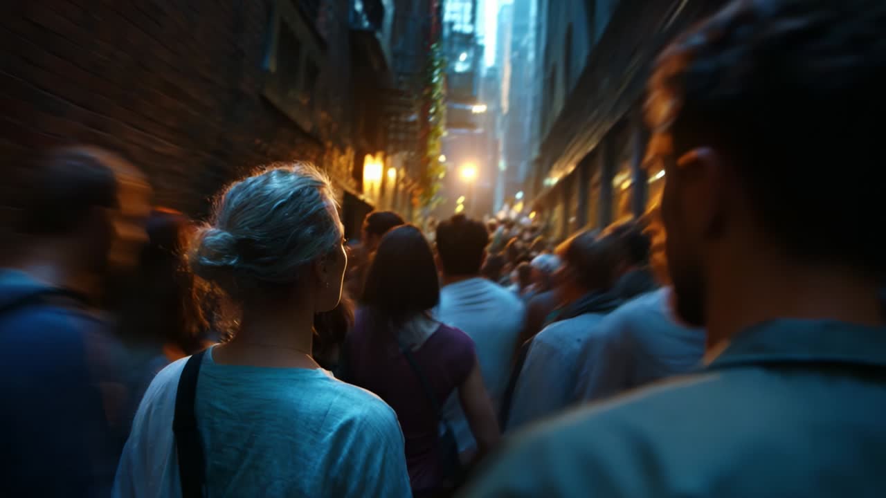 A group of people walking through an alleyway in a city at night