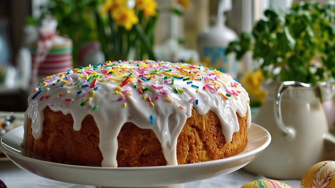 Close-up of a Festive Easter Cake with Dripping White Icing and Colorful Sprinkles