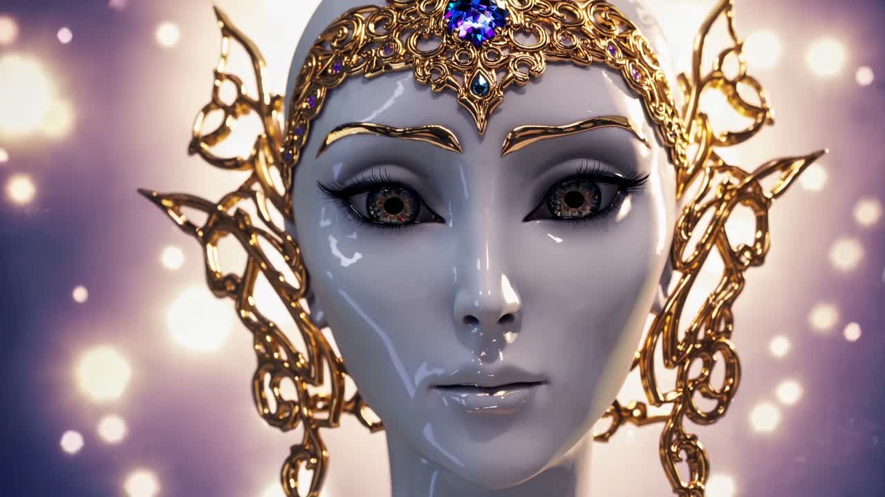 Celestial female figure wearing intricate golden crown, radiating divine elegance with luminous jewelry against shimmering purple backdrop with sparkling light effects
