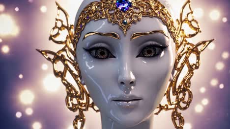celestial female figure wearing intricate golden crown, radiating divine elegance with luminous jewelry against shimmering purple backdrop with sparkling light effects