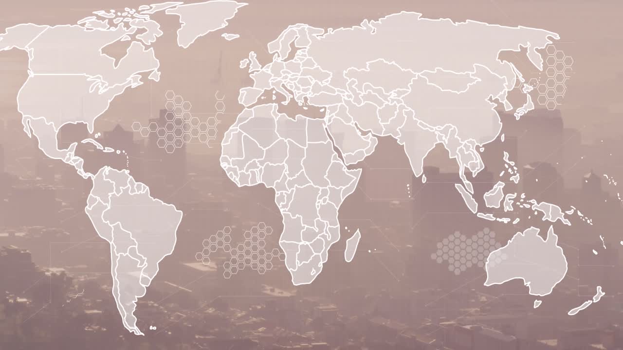 animación del mapa del mundo y procesamiento de datos financieros sobre el paisaje urbano